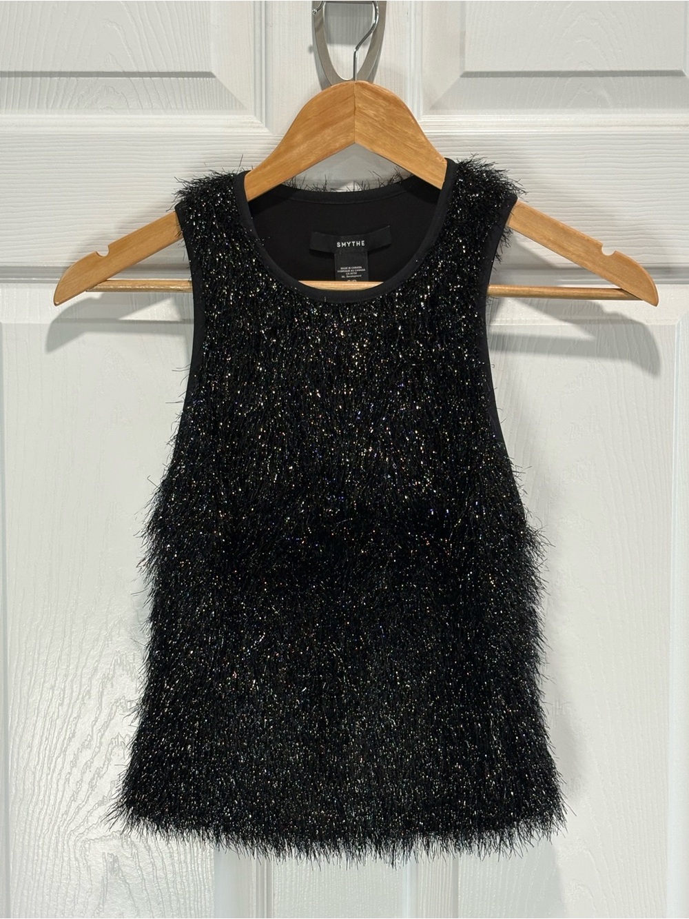 Smythe Tinsel Tank Shaggy Crop Racerback, Black Metallic, Size S Party Holiday